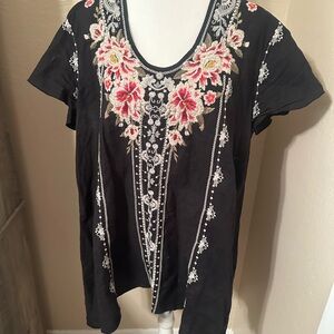 Johnny Was Embroidered Black Floral Top